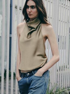 Zara Satin Halter Top in Olive Green Small